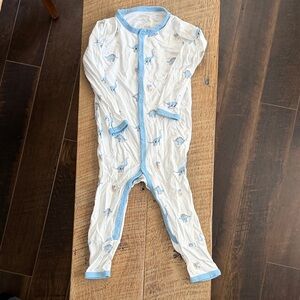 Kyte BABY Blue Jurassic long sleeve button romper